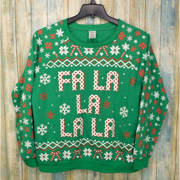 Freeze Sweaters - Green Ugly Christmas Sweater Size XL (15-17) FA LA LA LA